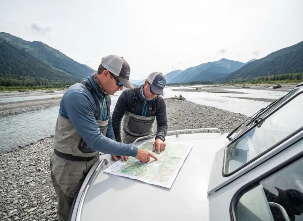 A fishing guide and angler consulting a topographical map on a boat hood in the Alaskan wilderness.
