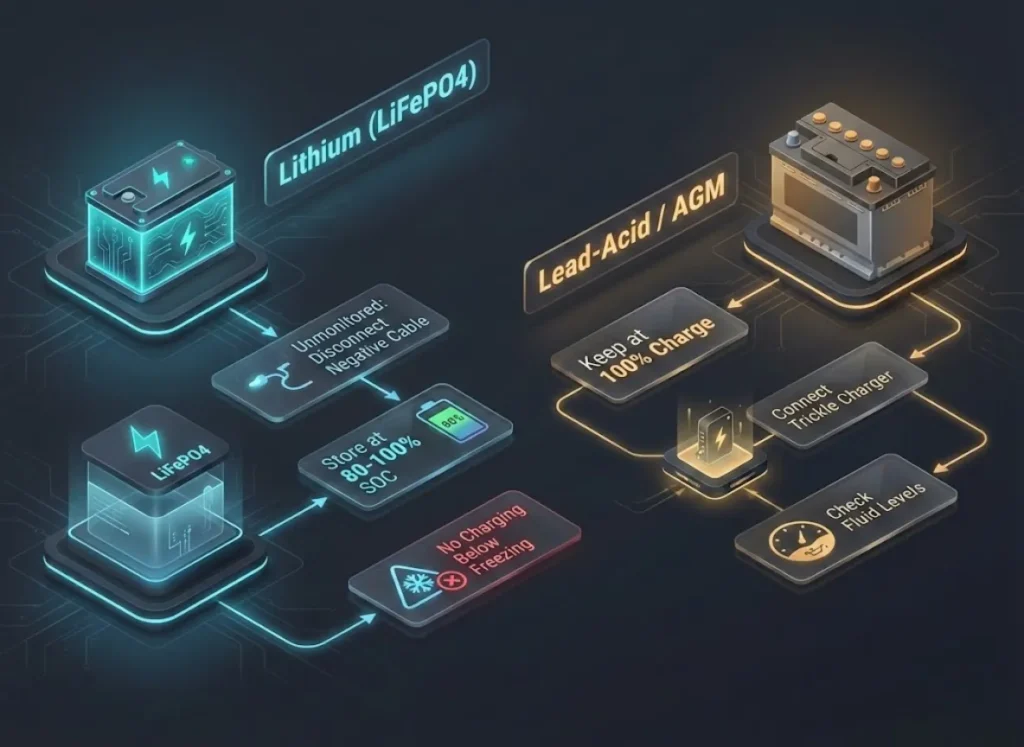 A premium 3D infographic flowchart visualizing winter storage protocols for Lithium (LiFePO4) versus Lead-Acid batteries. The graphic contrasts the "Disconnect" strategy for Lithium against the "Trickle Charge" strategy for Lead-Acid, with specific safety warnings about freezing temperatures and fluid levels.