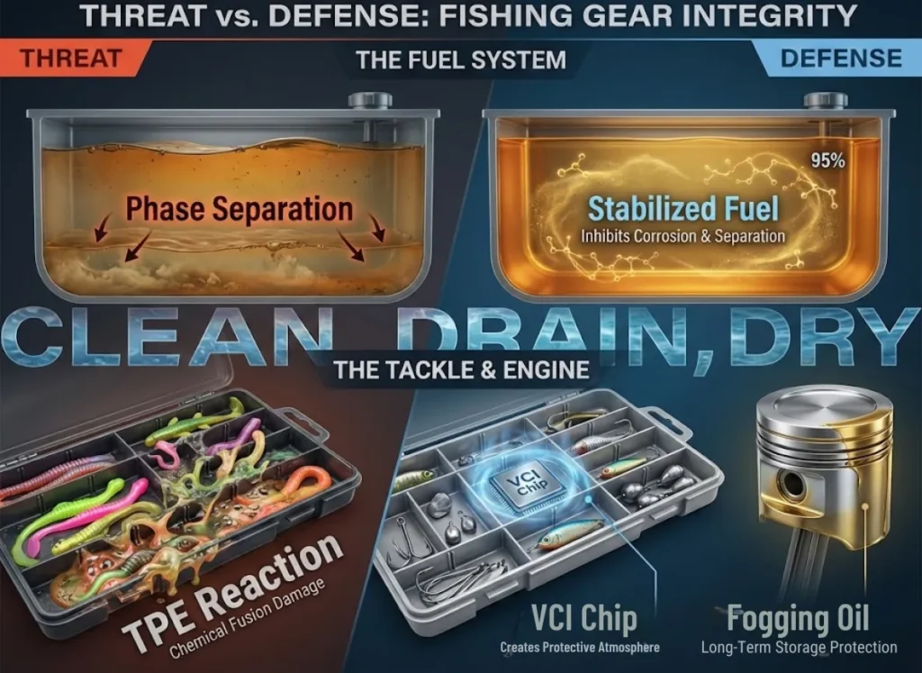 A split-screen educational illustration comparing damaged fishing gear with properly winterized equipment. The left side shows phase-separated fuel and melted soft plastics. The right side shows an engine coated in fogging oil, stabilized fuel, and a tackle box protected by VCI chips.