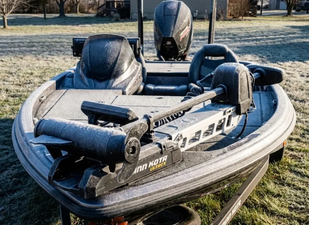 Frost and ice covering a Mercury outboard engine and Minn Kota trolling motor on a bass boat during winter.
