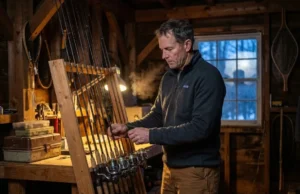 Winterizing Fishing Gear Storage: Rods, Reels & Tech Angler in a cold garage wearing Patagonia fleece organizing G. Loomis rods and Shimano reels for winter storage.