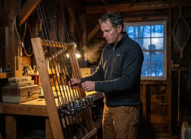winterizing-fishing-gear-garage Angler in a cold garage wearing Patagonia fleece organizing G. Loomis rods and Shimano reels for winter storage.