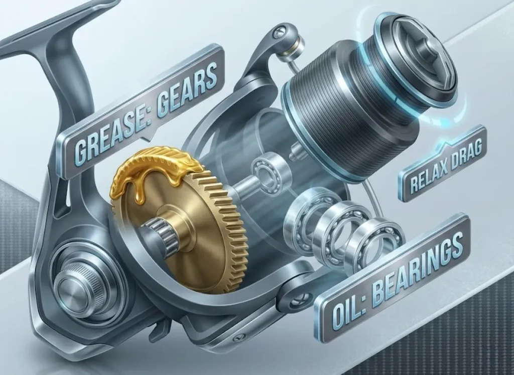 A detailed 3D diagrammatic illustration of a fishing reel being serviced, highlighting the difference between greasing gears and oiling bearings, with text labels floating in 3D space.