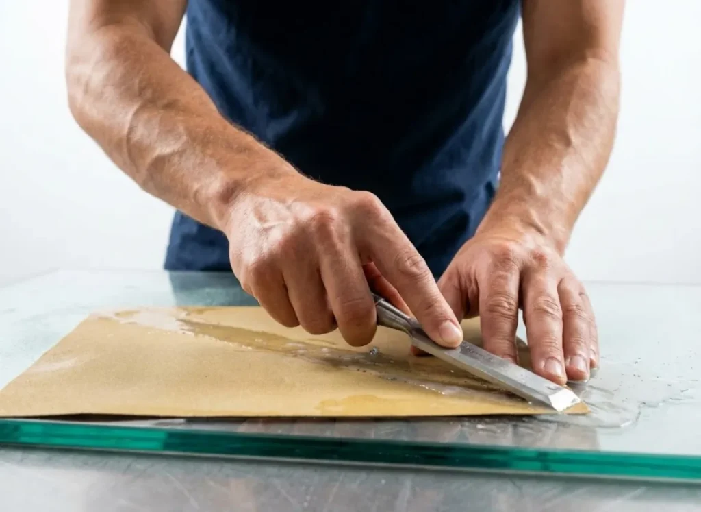 Close-up of clean, professional hands using the sandpaper-on-glass method to sharpen an ice auger blade with precision mechanics.