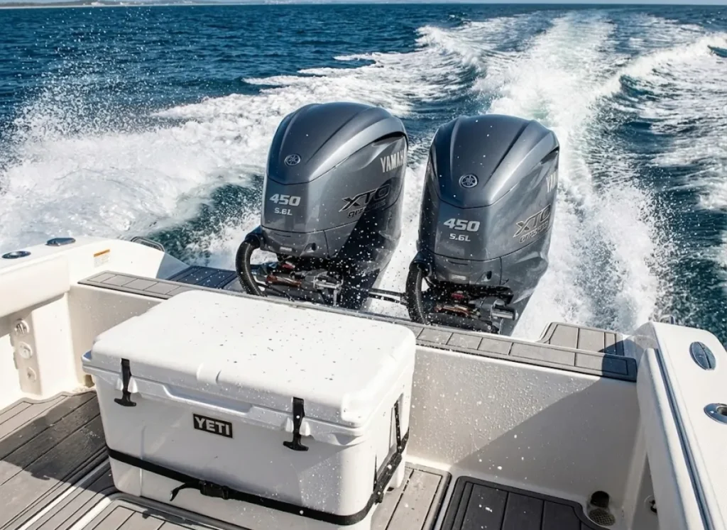 Yamaha V8 XTO outboard engines churning water at high speed with a Yeti cooler on the deck, illustrating hull drag and performance.