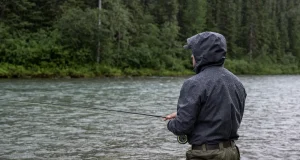 Why Waterproof Breathable Fabrics Still Leave You Wet Angler standing in a river in breathable waders and a wading jacket during light rain
