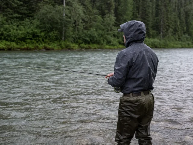 0-angler-mid-river-rain-hero Angler standing in a river in breathable waders and a wading jacket during light rain