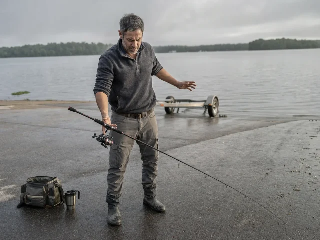 0-balance-rod-and-reel-finger-test-hero Angler resting a spinning combo on one finger to balance rod and reel at a lake ramp
