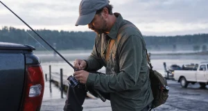 Why Your Hook Keeper Might Be on the Wrong Side Angler clipping a hook onto the rod hook keeper by the reel seat at first light on a boat ramp