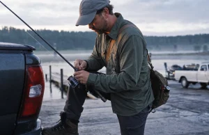 Why Your Hook Keeper Might Be on the Wrong Side Angler clipping a hook onto the rod hook keeper by the reel seat at first light on a boat ramp