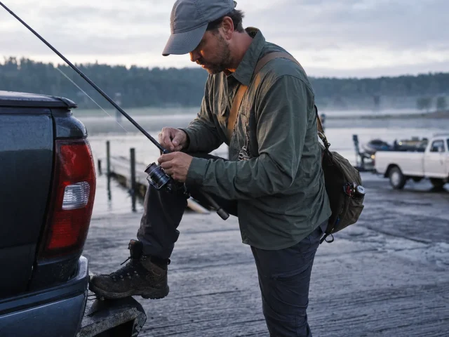 0-fishing-rod-hook-keeper-clipping-at-launch Angler clipping a hook onto the rod hook keeper by the reel seat at first light on a boat ramp