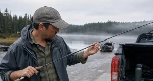 5 Mistakes That Void Your Fishing Rod Warranty Angler inspecting a fishing rod at dawn for warranty-voiding damage before a trip