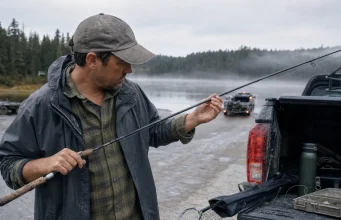 5 Mistakes That Void Your Fishing Rod Warranty Angler inspecting a fishing rod at dawn for warranty-voiding damage before a trip