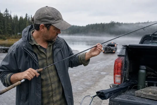 5 Mistakes That Void Your Fishing Rod Warranty Angler inspecting a fishing rod at dawn for warranty-voiding damage before a trip