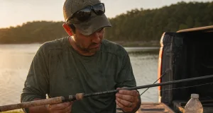 Why Fishing Rod Labels Lie and How to Read Them Angler decoding the printed specs on a fishing rod blank above the cork handle at a lakeside tailgate