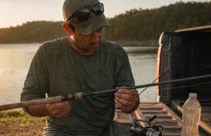 Why Fishing Rod Labels Lie and How to Read Them Angler decoding the printed specs on a fishing rod blank above the cork handle at a lakeside tailgate