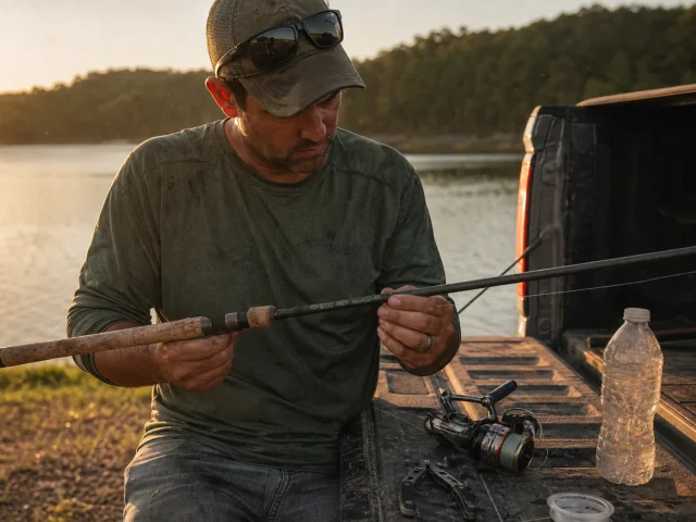 0-how-to-read-fishing-rod-label-specs Angler decoding the printed specs on a fishing rod blank above the cork handle at a lakeside tailgate