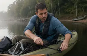Kayak Anchor System Setup Fishing Pros Rely On Angler adjusting the anchor trolley ring on a kayak anchor system setup for fishing