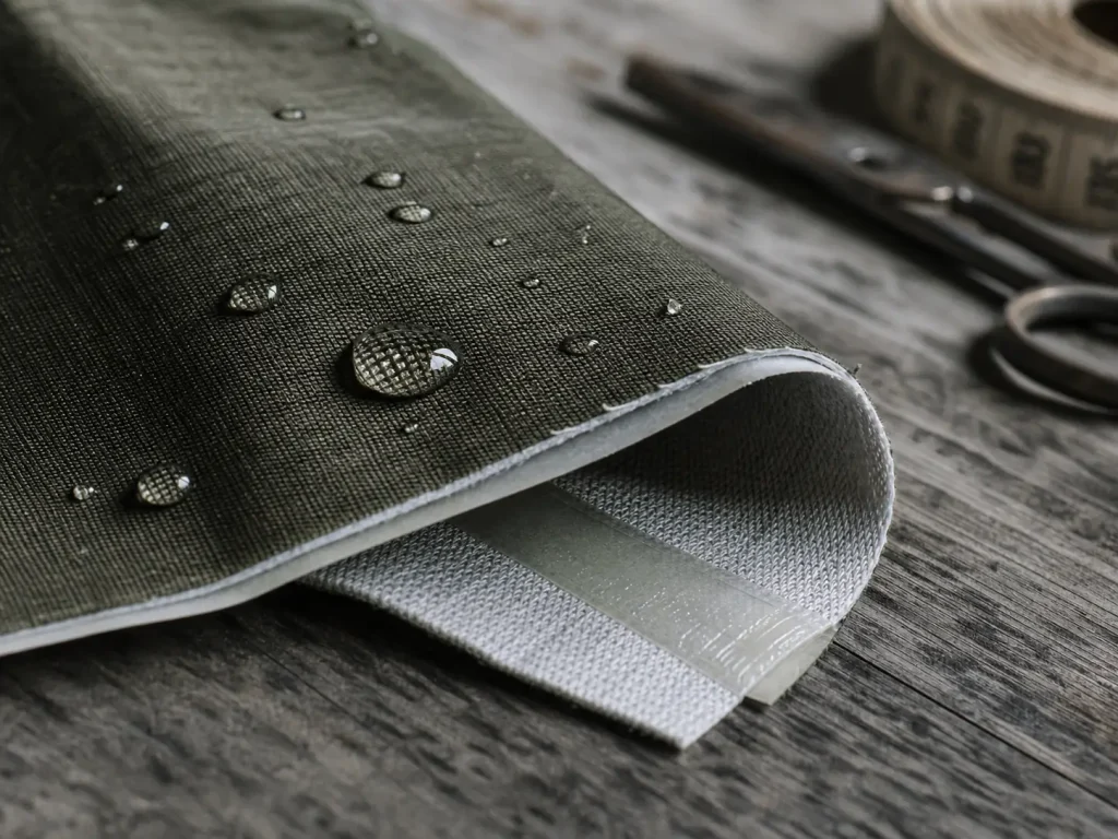 Close-up of a three-layer waterproof breathable fabric showing the face fabric and bonded inner backer