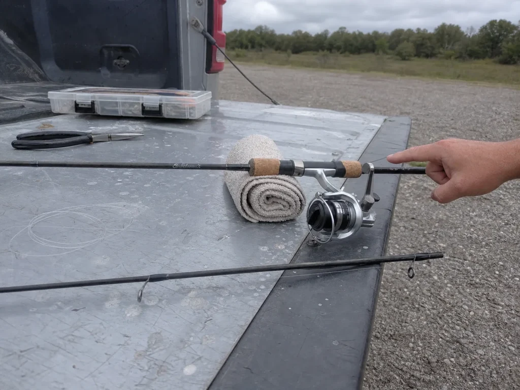 Two spinning combos laid on a tailgate showing where a balanced rod and reel sits