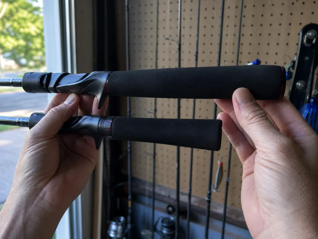 Two rear grips compared hand to hand, showing how handle length changes how a rod fits you
