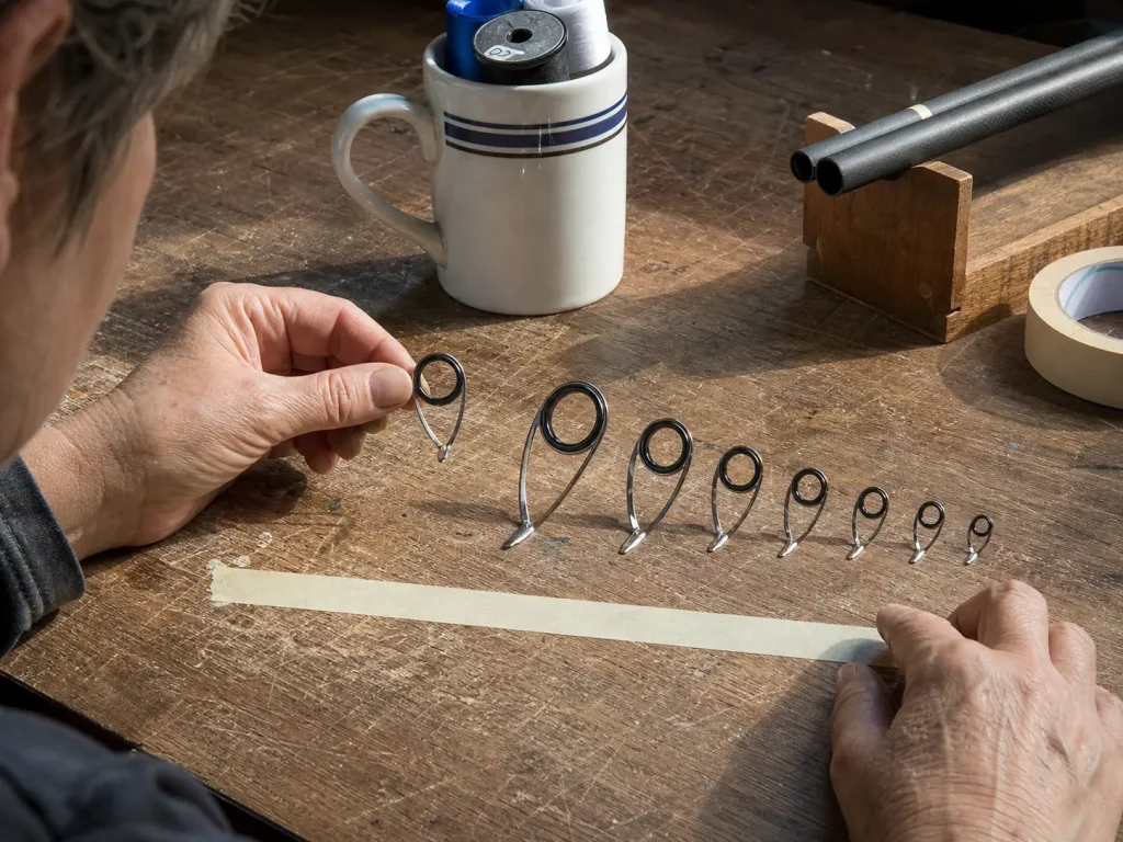 Loose rod guide frames in stainless steel and titanium sorted on a workbench by size