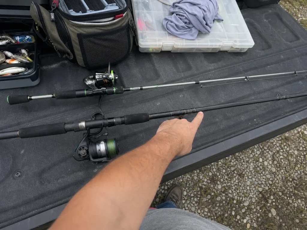 Two rods of the same length laid side by side on a tailgate showing different power and action