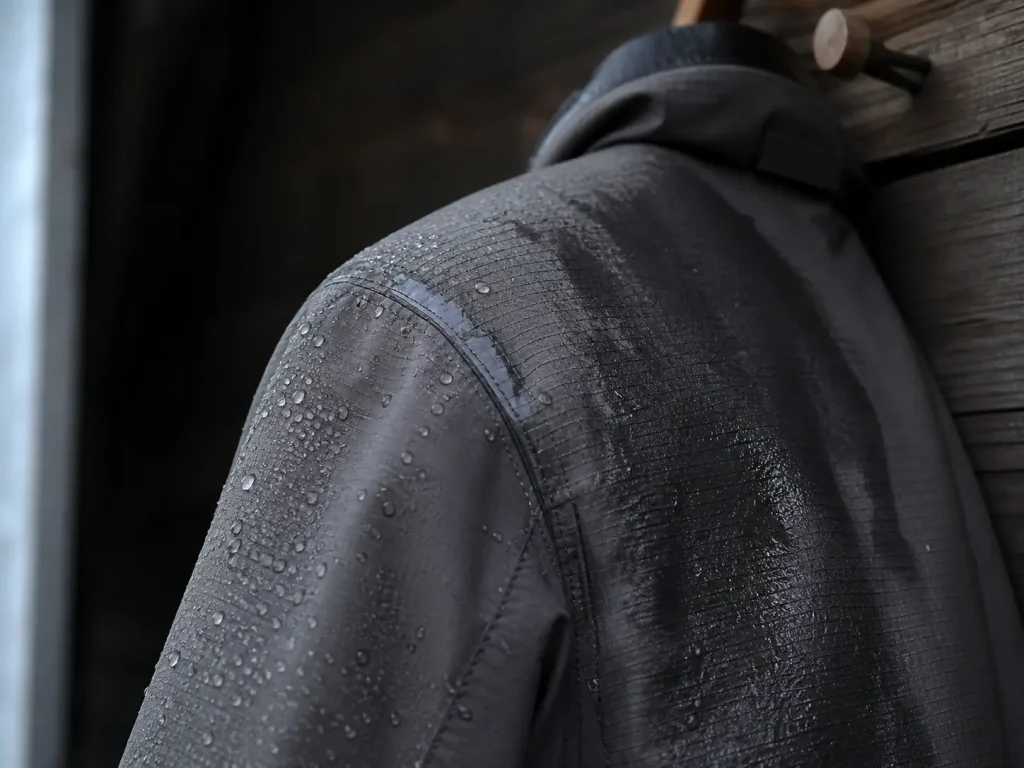 Wading jacket shoulder showing water soaking in and darkening the fabric instead of beading