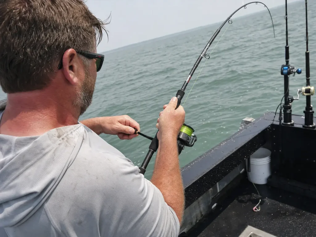 Braided line running through the guides of a jigging rod under load during a fast retrieve
