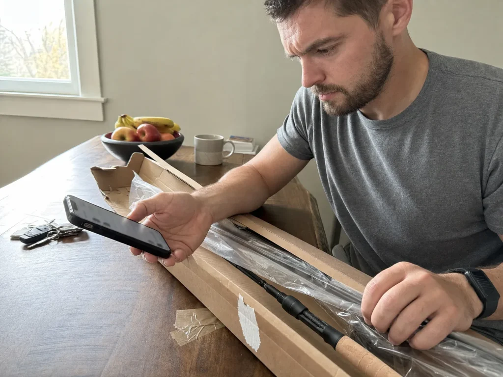 Angler checking a marketplace seller listing next to a new rod box, gray-market warranty risk
