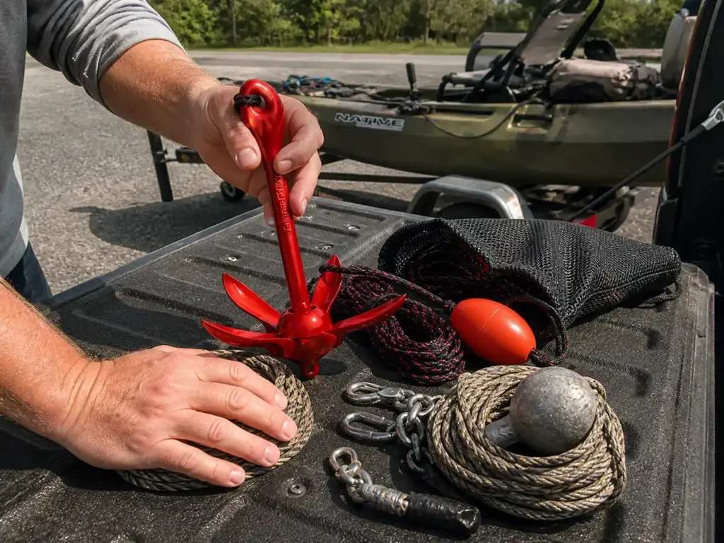 Two folding grapnel anchors of different weights laid out on a truck tailgate before a trip