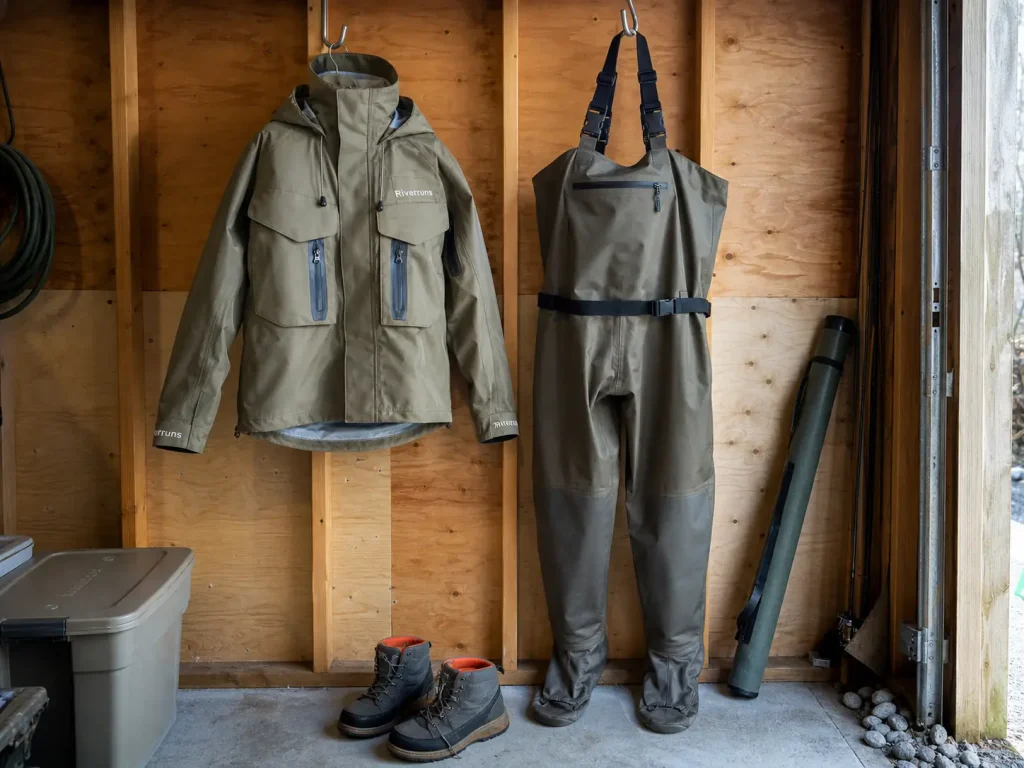 Wading jacket hung beside chest waders on a garage wall showing the two different garments
