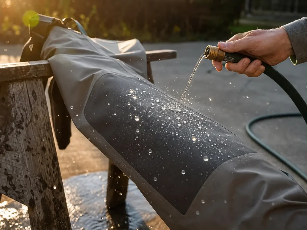 Water poured onto wader fabric beading into droplets during a pre-trip check
