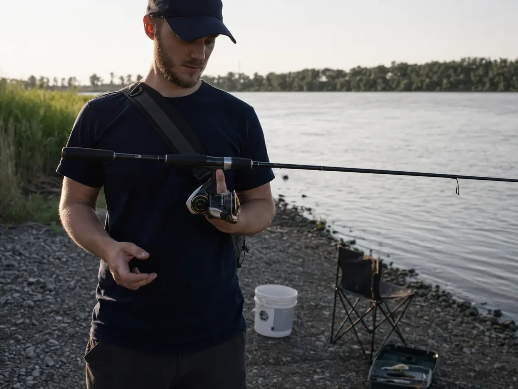 Angler balancing a rod on one finger at the reel foot to find the balance point before a session