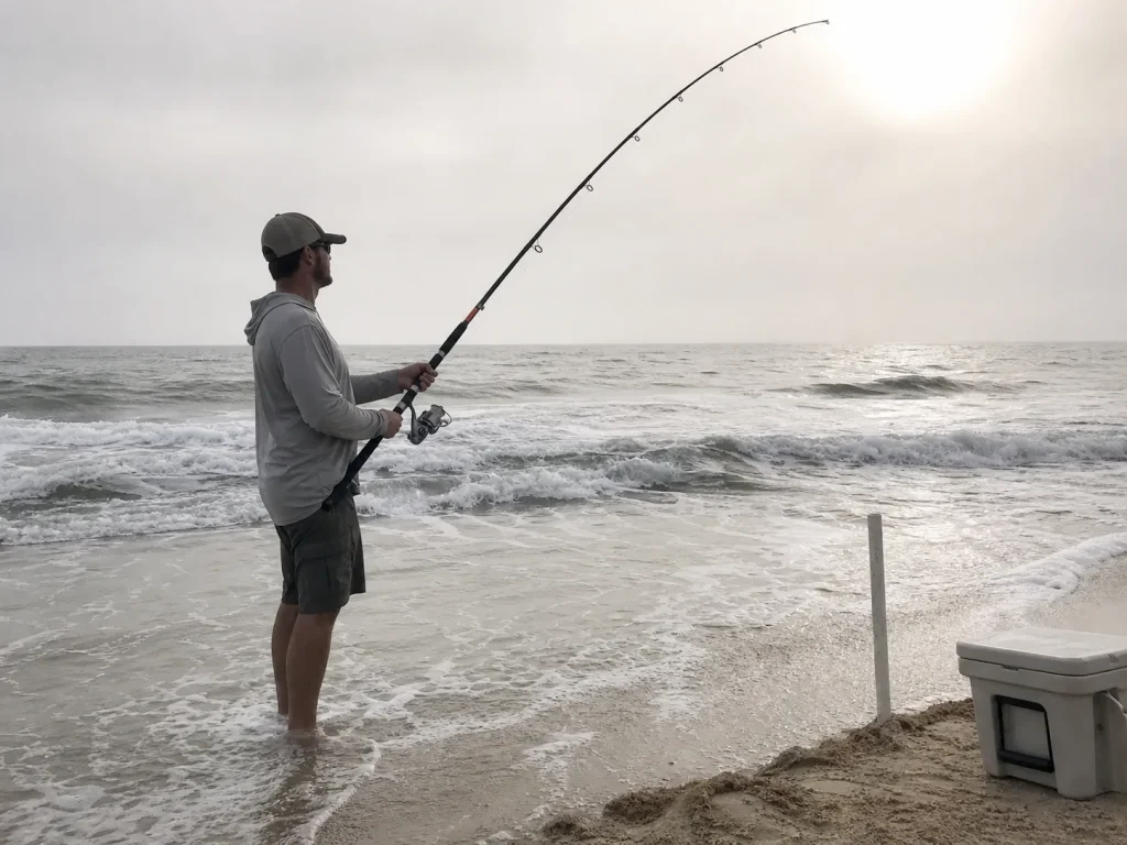 Surf angler with a 10-foot rod on an open beach, matching rod length to the water you fish