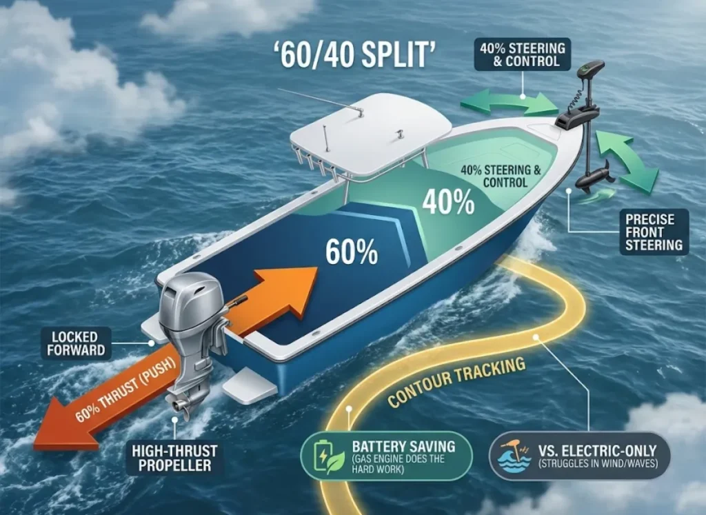 A top-down semantic infographic illustrating the "60/40 Split" boat control technique. A fishing boat in choppy water uses a rear gas kicker motor for 60% forward thrust and a front bow-mount electric motor for 40% steering. Arrows and labels clarify the functions, showing the kicker providing 'PUSH' and the electric motor offering 'PRECISE STEERING'. Text bubbles highlight benefits like 'BATTERY SAVING' and 'CONTOUR TRACKING' in windy conditions.