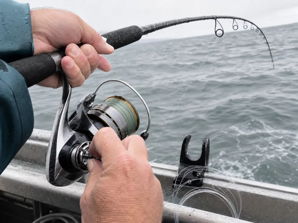 Line screaming off a spinning reel through Fuji Alconite guides during the first run of a big fish