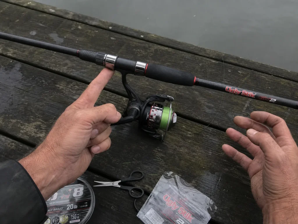 Finger test repeated on a spinning combo after braid is spooled onto the reel