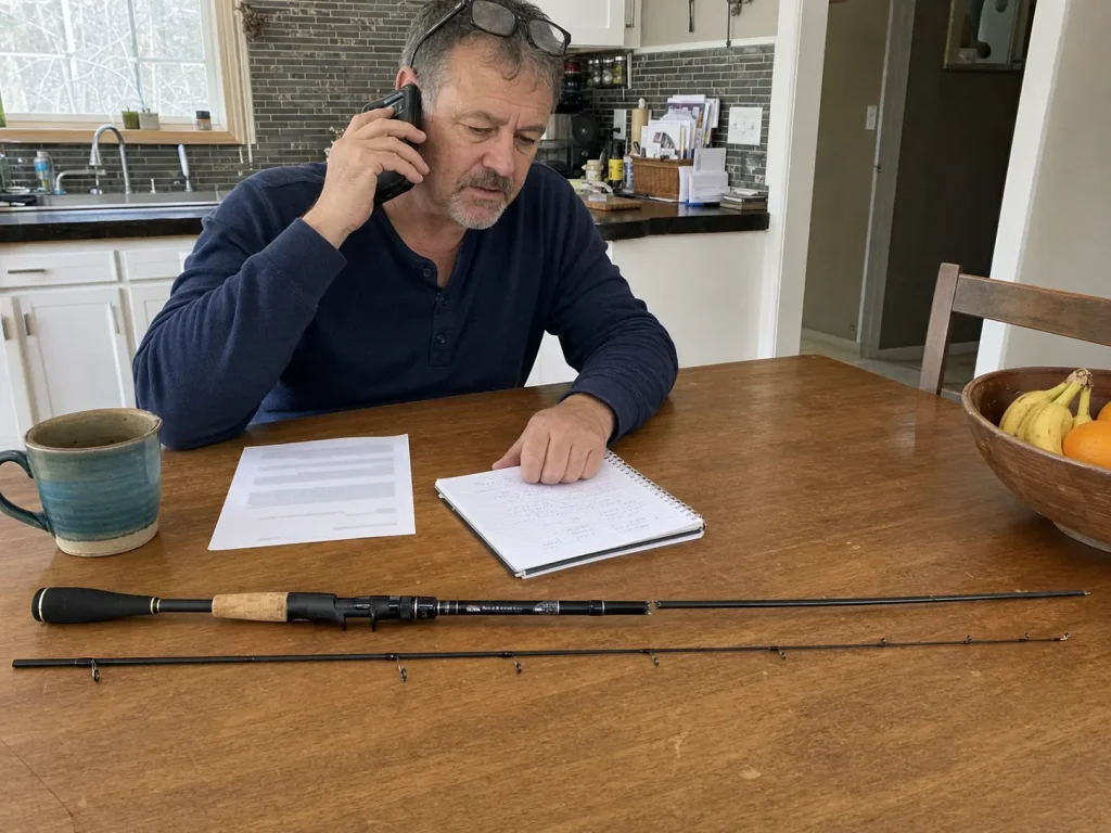 Angler at a table with a broken rod, phone and paperwork, documenting a denied warranty claim