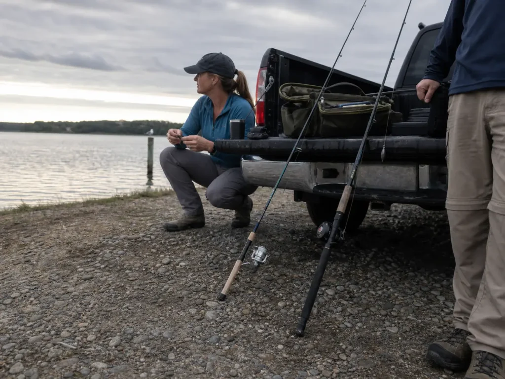 Two rods rigged for different water leaning against a truck bed before splitting up for the day