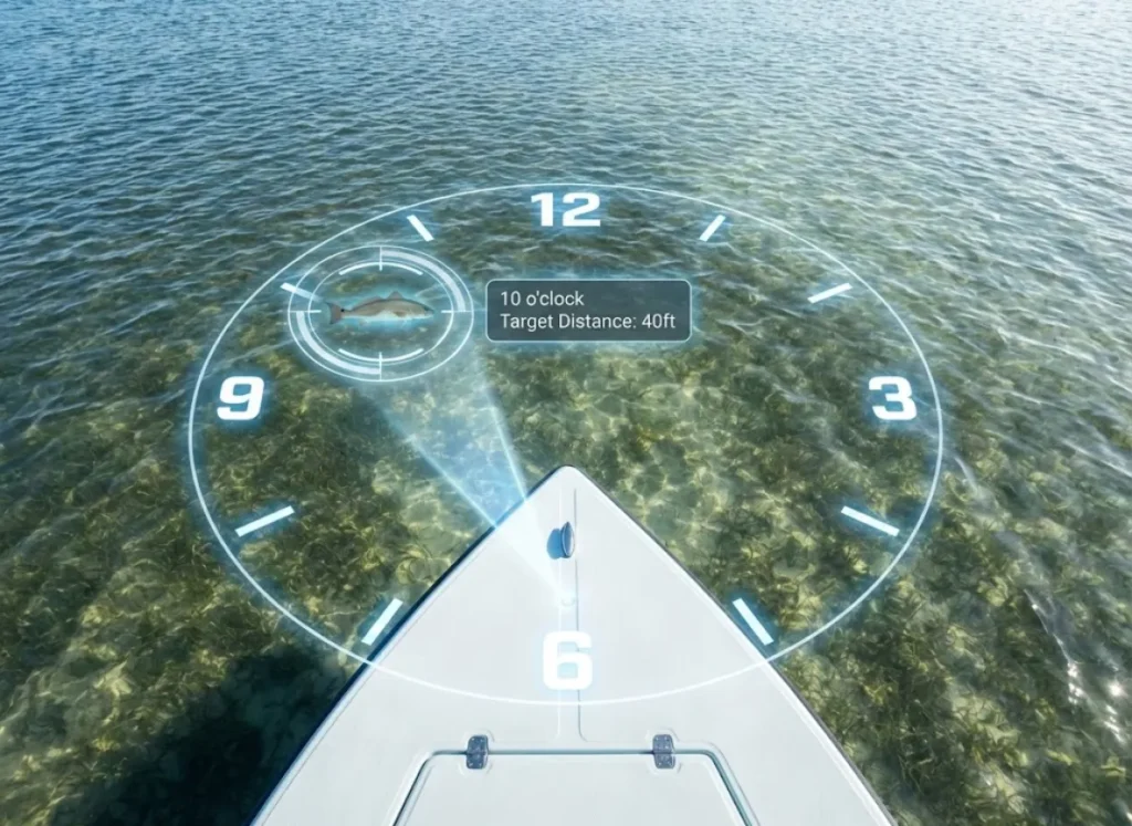 A first-person view from the bow of a fishing boat, showing a digital augmented reality clock face overlaid on the water. A redfish is circled at the '10 o'clock' position with a data label reading '10 o'clock - Target Distance: 40ft', illustrating the directional casting system.