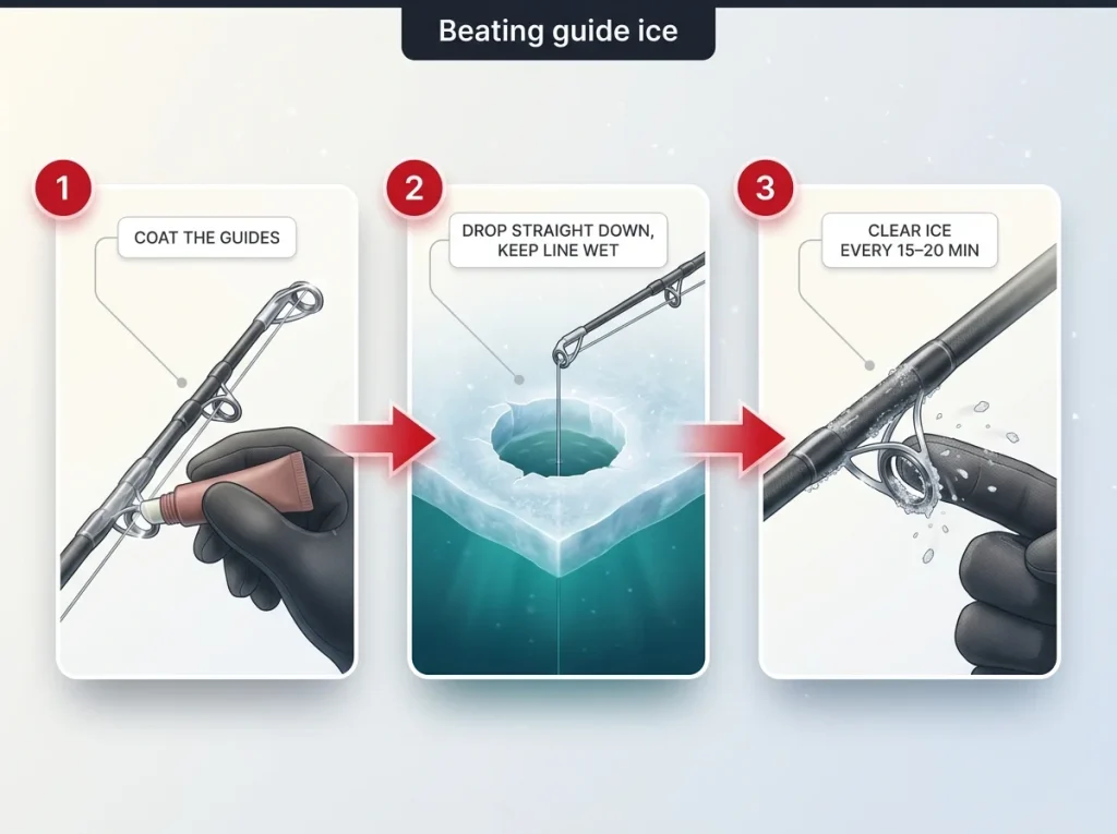 Step-by-step sequence showing how to beat rod guide ice with line conditioner, submerged line, and finger clearing