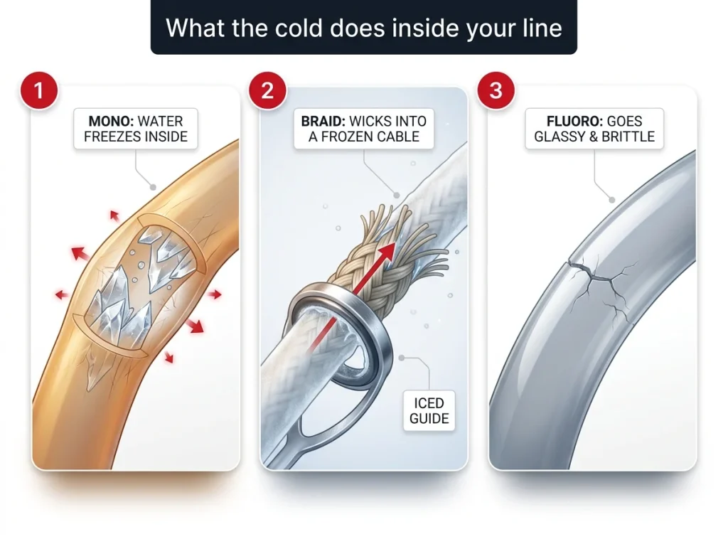 Cutaway diagram showing how cold affects mono, braid, and fluorocarbon fishing line with labeled freezing mechanisms