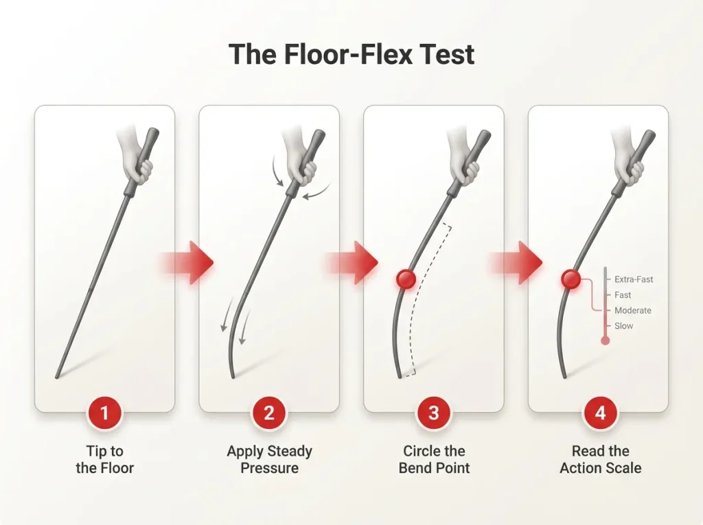 Step-by-step infographic showing the floor-flex test for reading fishing rod action in four numbered stages