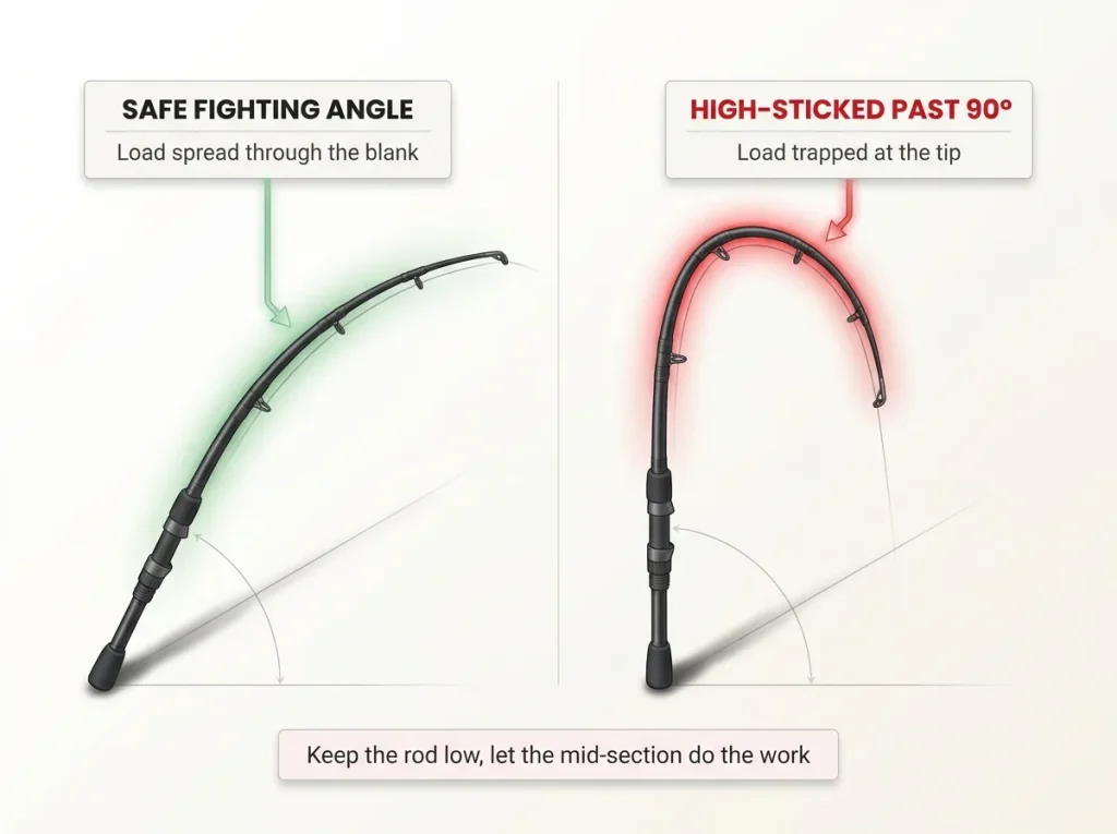 Diagram comparing a safe fishing rod fighting angle to a high-sticked rod past 90 degrees with load concentration highlighted