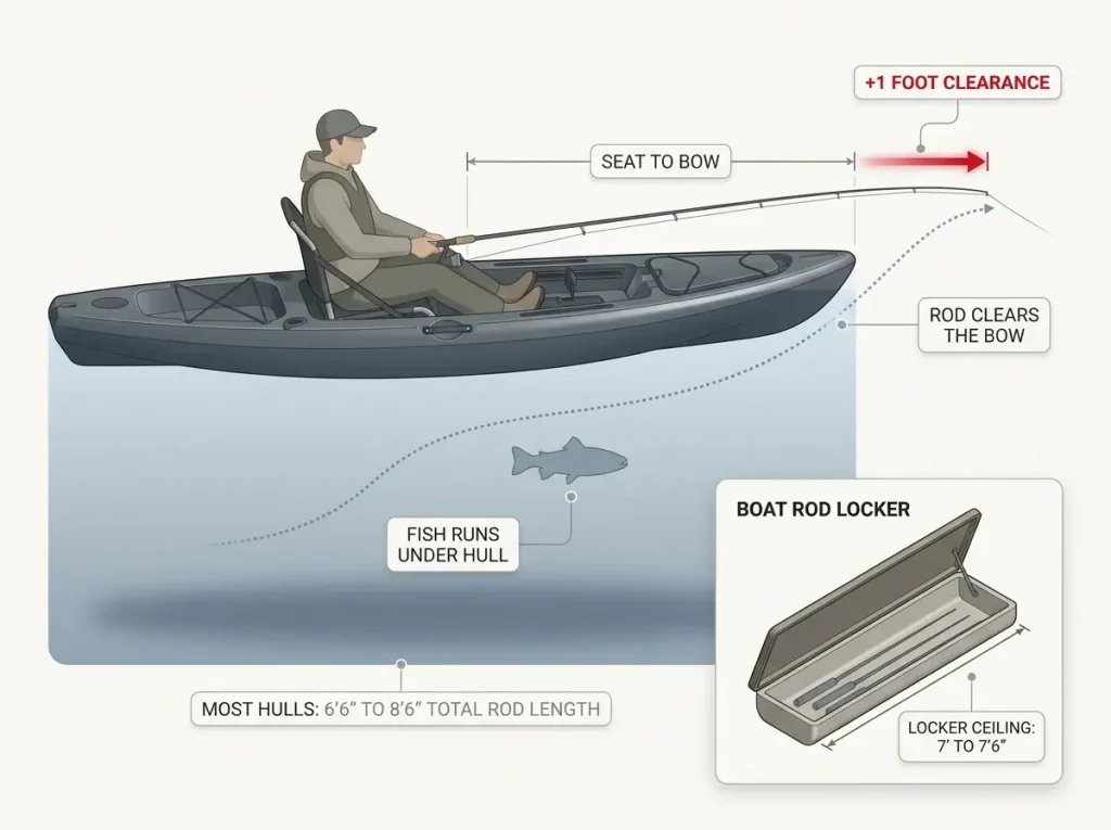 Diagram showing kayak seat-to-bow rod clearance plus one foot, a fish running under the hull, and boat rod locker size limits