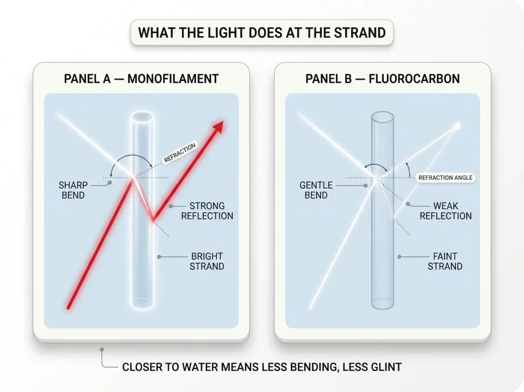 Two-panel physics diagram comparing light refraction and reflection on monofilament versus fluorocarbon strands underwater