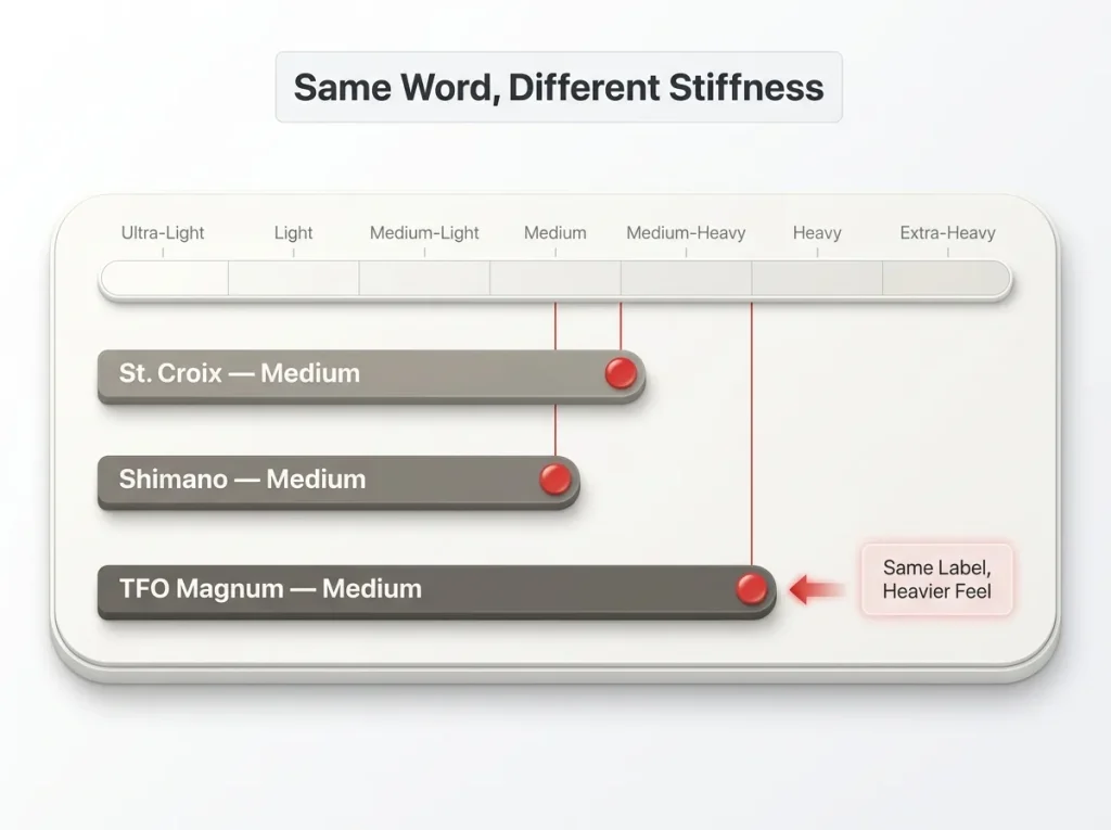 Comparison chart showing where the word Medium lands on real rod stiffness across St. Croix, Shimano, and TFO Magnum