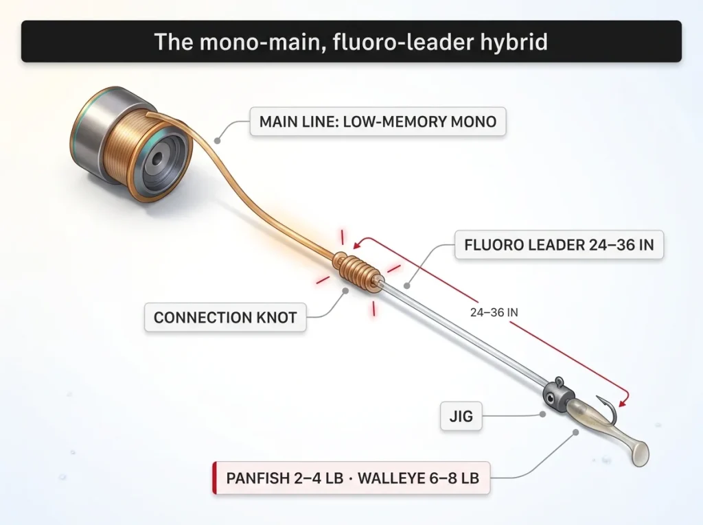 Labeled rig diagram of the mono-main fluoro-leader hybrid with connection knot, leader length, and pound test by target