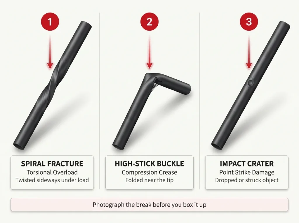 Diagram showing three fishing rod break patterns — spiral, high-stick buckle, and impact crater — with labeled callouts